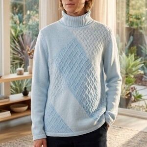 Crazy Horse Blue Patchwork Turtleneck Sweater L  Knit Mock Neck cable knit NWT